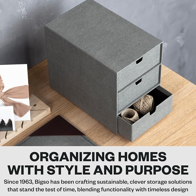 Bigso Box of Sweden Ingrid 3-Drawer Canvas Fiberboard Desk Organizer for Office Supplies and Accessories - Stackable Makeup Drawer Organizer - 6.3in x 9.9in x 8.1in - Grey (Pack of 2) - Image 7