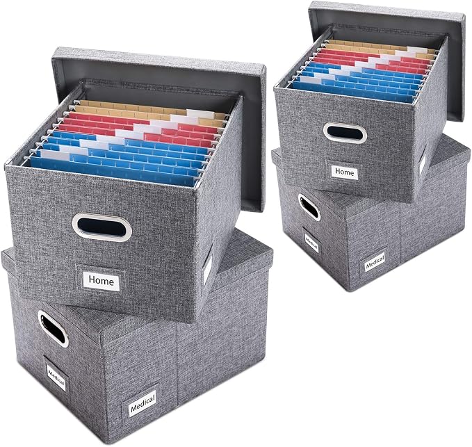 File Organizer Box - Set of 4 Collapsible Decorative Linen Filing Storage Hanging File Folders with Lids Office Cabinet Letter/Legal Size Grey 17.1x14x11.1 inch by Prandom