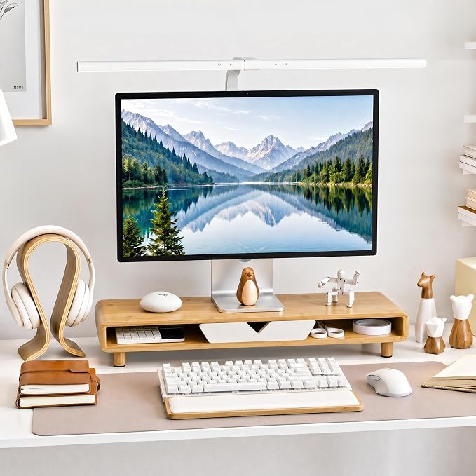Homerays Monitor Stand with Drawer, Exquisite Computer Monitor Stand for Desk, Ergonomic Wood Monitor Stand Riser for Computer,Laptop,Printer,TV,Bamboo,White by Homerays