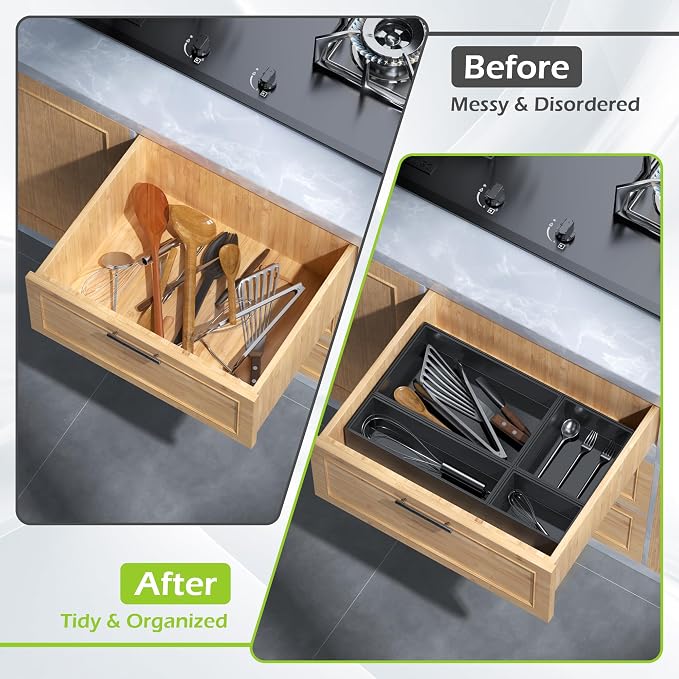 Bathroom Drawer Organizer Trays, Bamboo Drawer Organizer Kitchen Utensils Silverware Organizer, 8 PCS Wood Box Stackable Bins for Makeup, Office Desk, Junk Drawer (Black) - Image 4