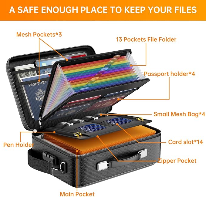 DocSafe Fireproof Document Box Hard Case with Lock ＆ Accordion File Folder | Fire and Water Resistant Safe Box,File Organizer,Multi-Pocket,Home Office Travel Storage for Important Document,Laptop,Black - Image 9