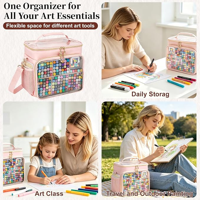 Large Double-Layer Marker Organizer Case for 200-300 Markers, Pink | Marker Bag with Removable Dividers, Marker Organizer for Markers, Pencils, Crayons or Other Art Supplies, (Bag Only) - Image 7