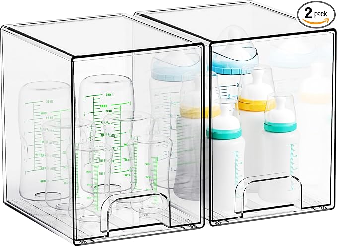 7.5" High Stackable Storage Bins,2 Pack Bottle Station and Baby Bottle Storage Organizer for Countertop,Clear Acrylic Drawers for Pacifier,Breast Pump Parts,Storage Containers,Makeup and Lotion by Yieach
