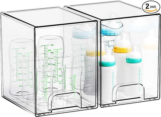 7.5" High Stackable Storage Bins,2 Pack Bottle Station and Baby Bottle Storage Organizer for Countertop,Clear Acrylic Drawers for Pacifier,Breast Pump Parts,Storage Containers,Makeup and Lotion by Yieach
