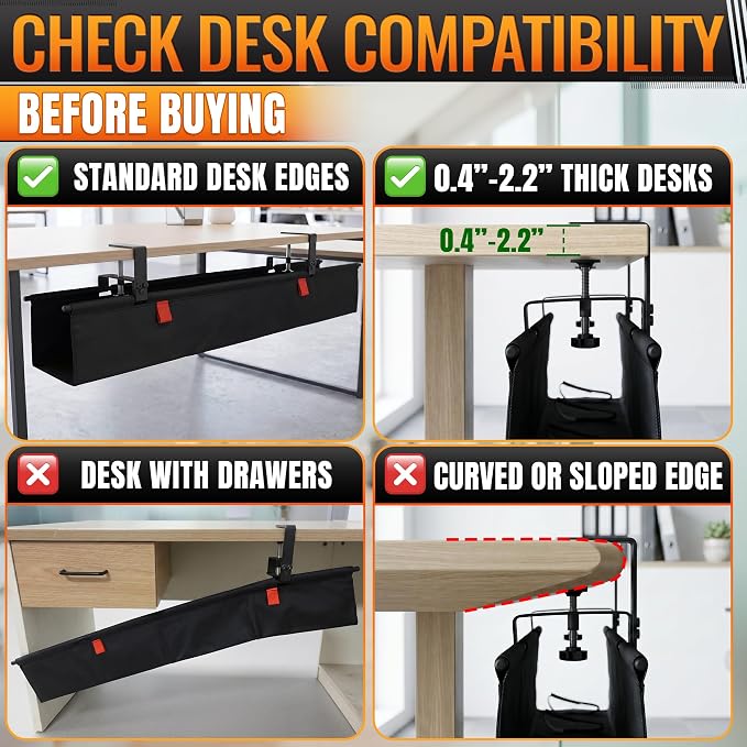 Under Desk Cable Management Tray 36" — No Drill Clamp-On Cord Organizer for Desk with Built-in Ties, Heavy Duty Metal Clamp, Foldable 600D Oxford Fabric for Home Office, WFH & Gaming PC Setup (Black) - Image 9