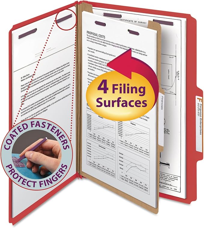 Smead Pressboard Classification File Folder with SafeSHIELD Fasteners, 1 Divider, 2" Expansion, Legal Size, Bright Red, 10 per Box (18731) by SMEAD