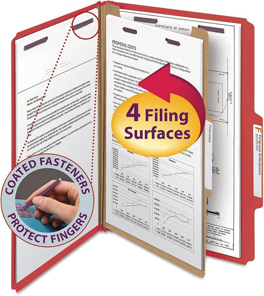 Smead Pressboard Classification File Folder with SafeSHIELD Fasteners, 1 Divider, 2" Expansion, Legal Size, Bright Red, 10 per Box (18731) by SMEAD