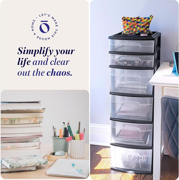 HOMZ 2-Pack Drawer Tower, 6-Tier Clear Plastic Storage Organizer Cart, Black Frame - Organizing Containers for Home, Office, Bathroom, Bedroom, and Classroom - Image 6