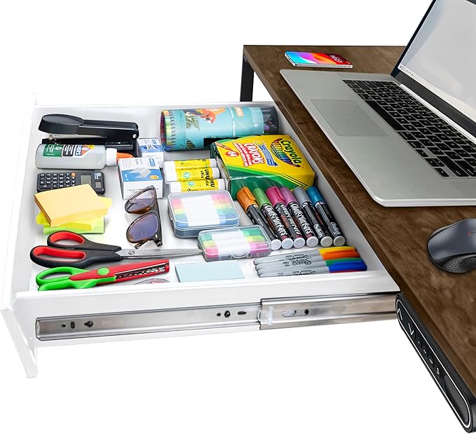 Large 23.6 Inch White Under Desk Drawer Slide Out, Great For The Office, Home And Workspace. Pencil & Undermount Pull Out Under Counter Workbench Attachable Drawer, Made Of Carbon Steel by Difinati