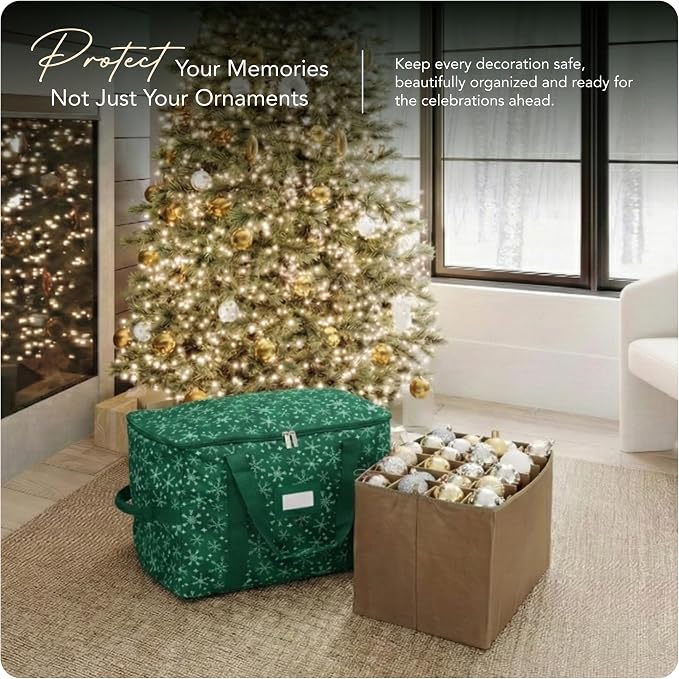 Covermates Keepsakes Adjustable Ornament Storage Bag – Heavy-Duty Polyester, Padded Dividers & FlexGrid Trays – Protective Holiday Ornament Organizer with Handles & Label Window, Green Snowflake - Image 2