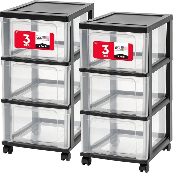 IRIS USA 3-Drawer Slim Narrow Storage Organizer Rolling Cart, Black/Clear | Organize crafts, school supplies, accessories, and household items with slim storage and easy-access drawers by IRISUSA