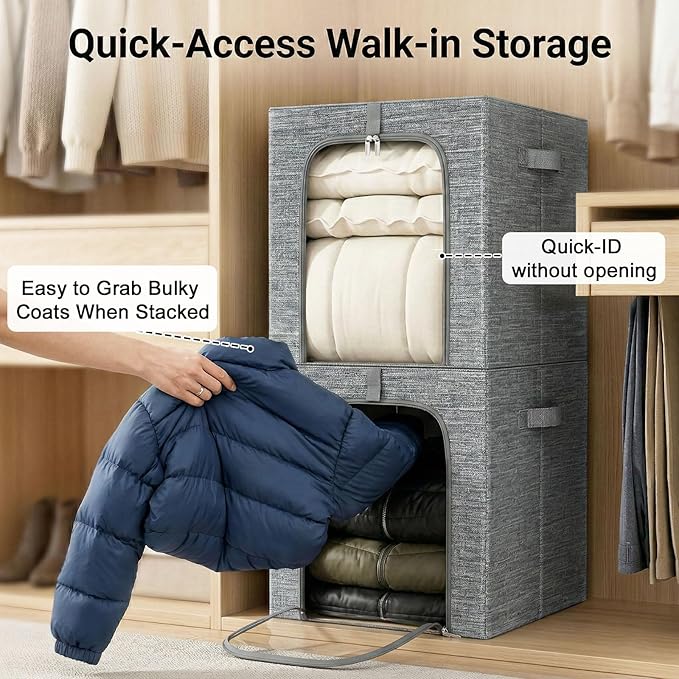 GoMaihe Blanket Storage Bins with Metal Frame for Closet, 55L 4-Pack Grey | Clothing Comforters Bedding Winter Coat, Closet Top Shelf, Collapse-Proof Stackable, Clear Window, Dual Access Space Saving - Image 6