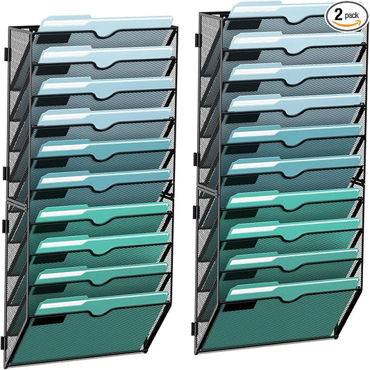 10-Tier Wall File Organizer, Hanging Wall Files for Papers, Folders, Magazines, Wall Organizer for Clipboard, Assembly Needed, Black, 2 Pack | Metal Mesh Hanging File Organizer with Open Compartments and Label Panels for Papers and Folders at Home, Off... by SUPEASY