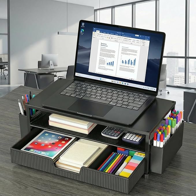 ECOLOVI Desk Organizer and Accessories, 2-Tier Computer Monitor Stand Rise with Storage Drawer & 2 Pen Holders, Laptop & Printer Stand for Desktop, Workspace Organizers for Office Supplies (Black) - Image 5