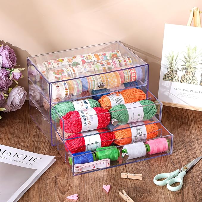 Wonderjune 1 Pack 3 Drawer Washi Tape Organizer Plastic Washi Tape Storage Cube Organizer Box 10 x 7 x 6.8 Large Capacity Clear Storage Drawer Holder for Art Craft Embellishments Jewelry Makeup - Image 2