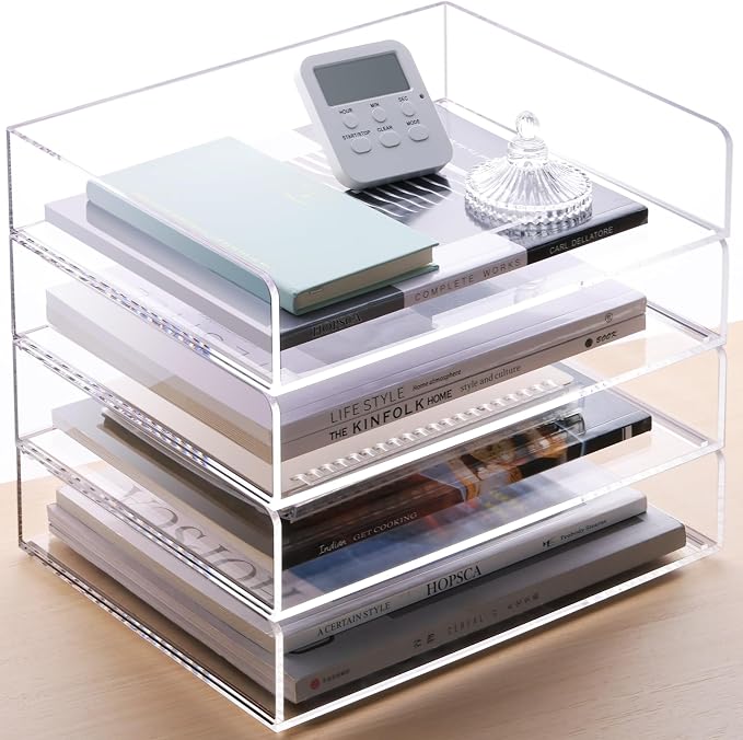 SANRUI Paper Organizer Letter Tray, 4-Pack Acrylic File Organizer, Clear | Stackable Desk Organizers, Paper Trays, Workspace Office Supplies Organizers for Office Classroom Home,12.4 x 8.86 x 10.4 in - Image 5