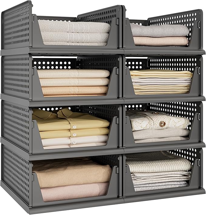 8 Pack Closet Organizer Storage Bins Stackable Plastic Drawer Shelf | Basket for Clothing Stackable Storage Bins Shelf Storage Container for Closet Wardrobe Bedroom Bathroom Office Grey Foldable by Pinkpum