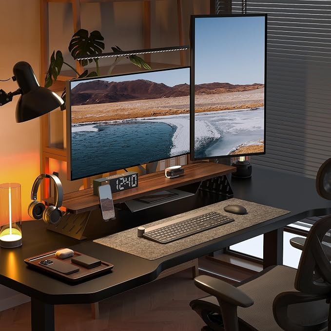 Fenge Dual Monitor Stand, Wooden Desk Shelf with Headphone & Phone Holder | 42.5" Monitor Riser with Storage Shelf, 2-Tier Monitor Shelf with Metal Leg for Home Office Organizer, Brown - Image 5