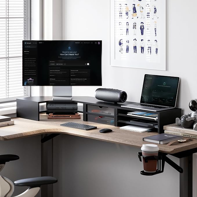 Fenge Dual Monitor Stand, Corner Desk Shelf with Drawer & Slide-Out Tray | Modular Design for Flexible Layouts, 2-Tier Storage Desktop Organizer for Computer, Laptop, Printer and Telephone - Image 2