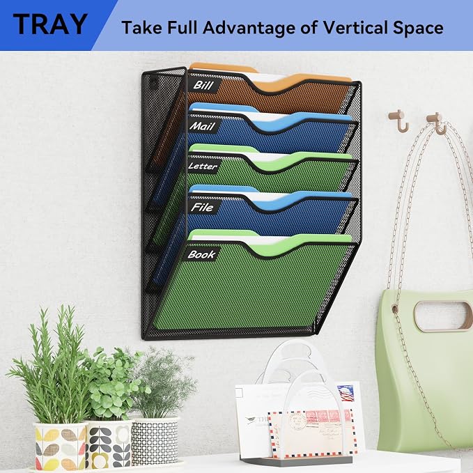 5 Pockets Hanging Wall File Organizer Mail Holder, Wall Mounted Paper Document Folder Holder, Clipboard Storage Organization Magazine Rack, Black - Image 7