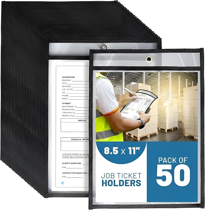 50 Pack Job Ticket Holders 8.5x11 - Work Order Plastic Sleeves for Documents - 8 1/2 x 11 Shop Ticket Holders - Heavy Duty Sheet Protectors - Dry Erase Pocket Sleeves - Dry Erase Clear Pocket Sleeve by Juzari