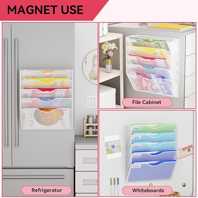 5-Tier Magnetic File Holder, No Drilling Wall File Organizer, File Folder Bins, Mail & Magazine Rack, Magnetic Paper Document Holder for Refrigerator File Cabinets Whiteboard, White - Image 5