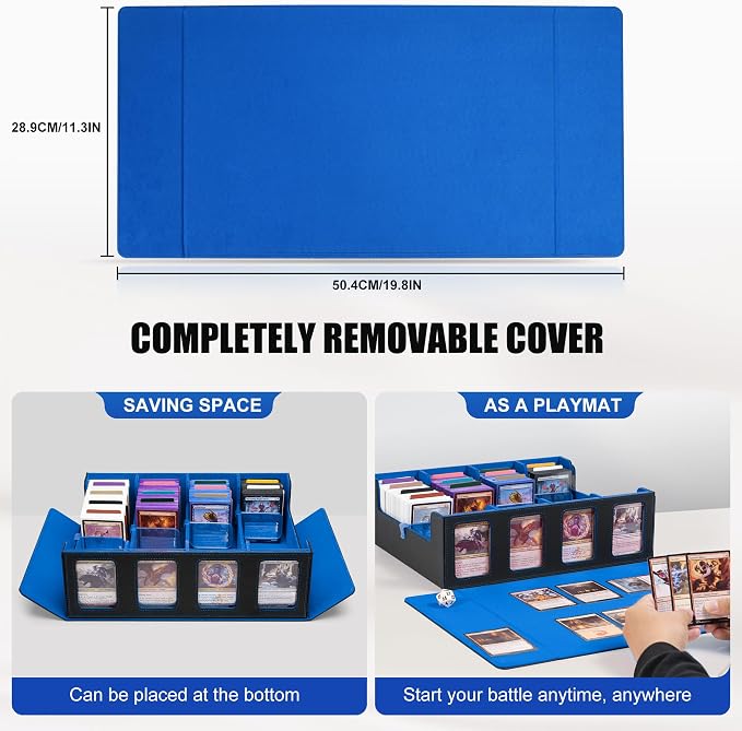 Trading Card Storage Box with Commander Display , 4-Row Deck Case with Removable Lid; 2400+ Card Deck Box for MTG TCG Sports Card, 4 Top Loaders, 4 Stoppers, 24 Dividers,1 Dice Bag (Black Blue) - Image 5