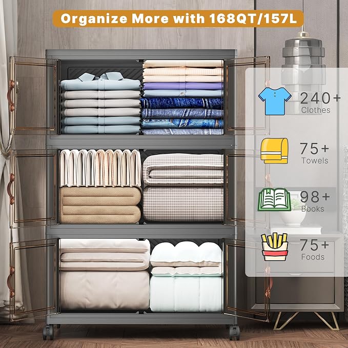 504QT Stackable Storage Bins with Lids, Doors & Wheels | Closet Organizers and Storage Cabinet , Lockable Plastic Foldable Drawers for Bedroom Dorm Office Garage（168QT*3,Black） - Image 3