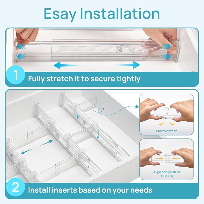 Vtopmart 2.36" Drawer Dividers with Expandable Inserts, 12.8"-22.3", 8 Pack | Adjustable Kitchen Drawer Organizer, Clear Organizer Separator for Flatware, Utensil, Cutlery, 8 Dividers with 14 Inserts - Image 6