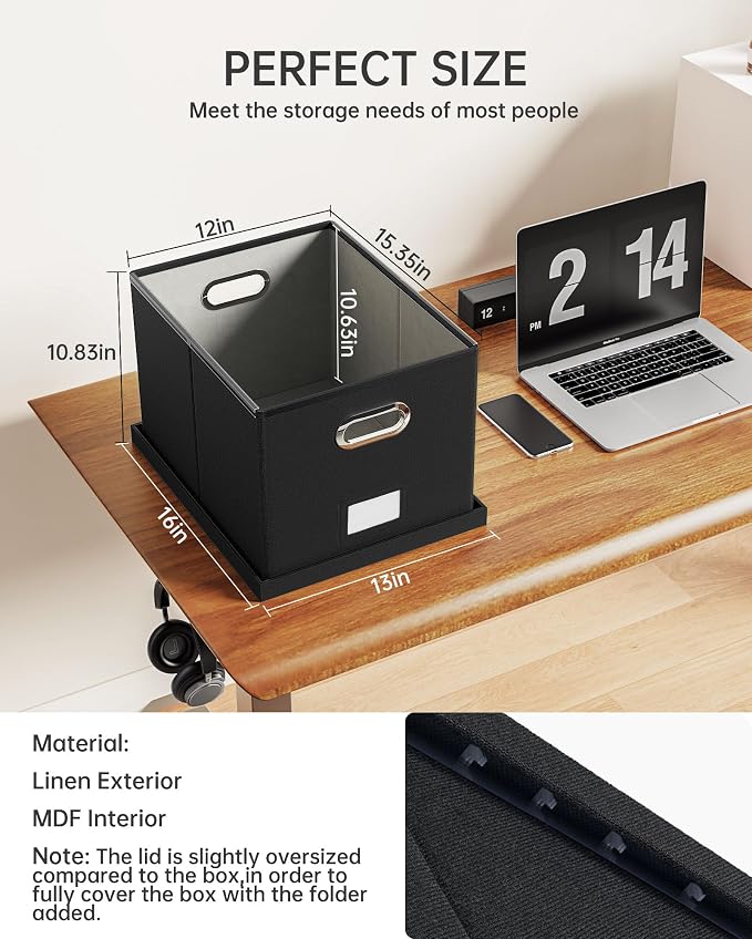 2 Pack File Storage Organizer, Filing Box, Portable File Box with Lid, Fit for Letter/Legal File Folder Storage, Document Organizer, Black - Image 3