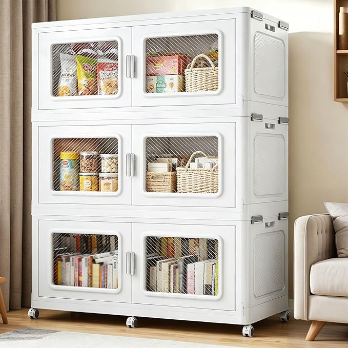 BROVIEW 900 Qt/225 Gal Stackable Storage Bins with Lids, 3 Pack, White | Large Stackable Storage Boxes w/ 1 Lid Folding Plastic Cart Organizer for Home Kitchen, Open Front Clear Door with Wheels by BROVIEW-EnjoytheArtofLife