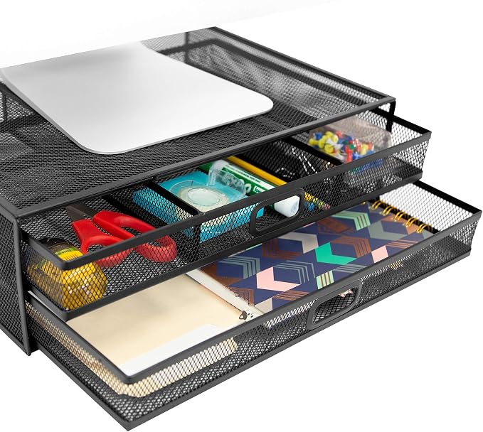 MOUNT-IT! Computer Monitor Stand With Drawers, Metal Mesh Riser and Organizer for Laptops and Computer Screens, Laptop, and Printer Accessories and Office Supplies (Black) by Mount-It