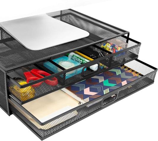 MOUNT-IT! Computer Monitor Stand With Drawers, Metal Mesh Riser and Organizer for Laptops and Computer Screens, Laptop, and Printer Accessories and Office Supplies (Black) by Mount-It