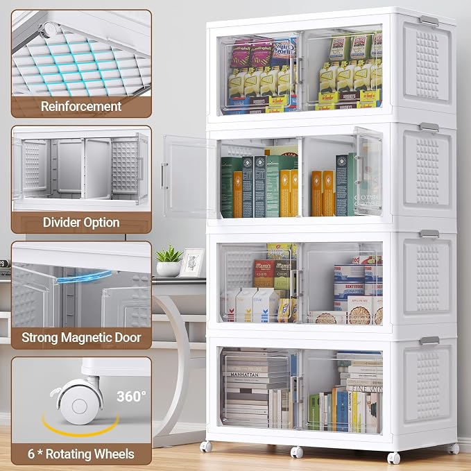 BROVIEW 600 Qt Stackable Storage Bins Foldable Cabinet, V40 White 3-Pack | Extra Large Collapsible Storage Bins with Lid Doors Wheels Dividers, Closet Organizers and Storage Drawer for Home Office - Image 4