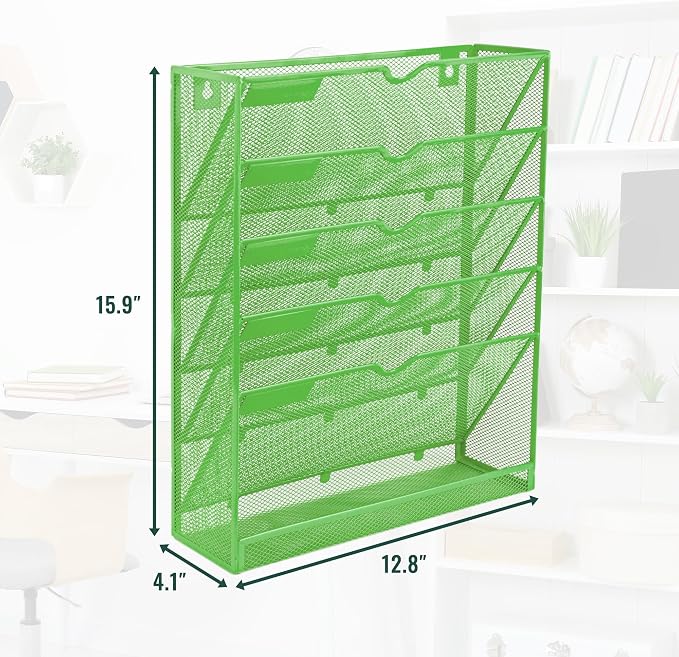 6 Tier Mesh Hanging Wall File Organizer, Desk Vertical Mail Paper Document Folder Holder Rack with Bottom Tray and Nametag Label for Office Home School, Green - Image 2