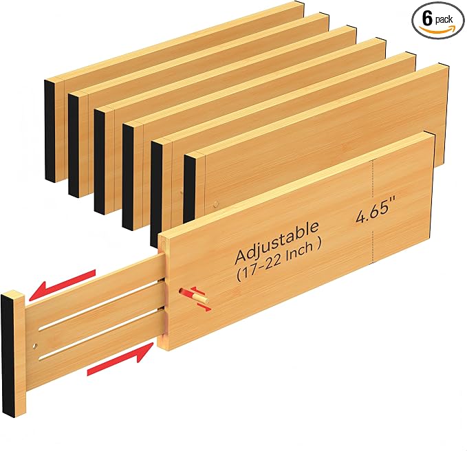 FJO 6 Pack Bamboo Drawer Dividers 4.65" High Adjustable from 17'' to 22'' | Strong Spring Loaded, Expandable Utensil Organizer, Works in Kitchen, Dresser, Closet, Bathroom, Bedroom,Office (Beige) by FJO