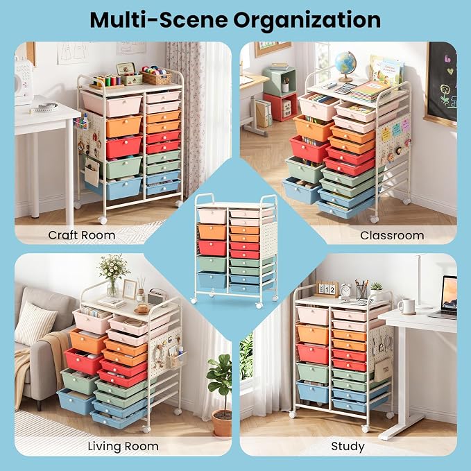 GOFLAME 15-Drawer Rolling Storage Cart with Pegboard, Craft Storage Cart with Lockable Wheels and Metal Frame, Art Cart Supply Storage Organizer for Home Office Classroom, Macaron Color - Image 9