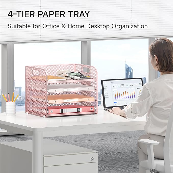 4-Tier Paper Organizer for Desk With Handle, Mesh Desktop File Tray, Office Classroom Organization and Storage - Pink - Image 4