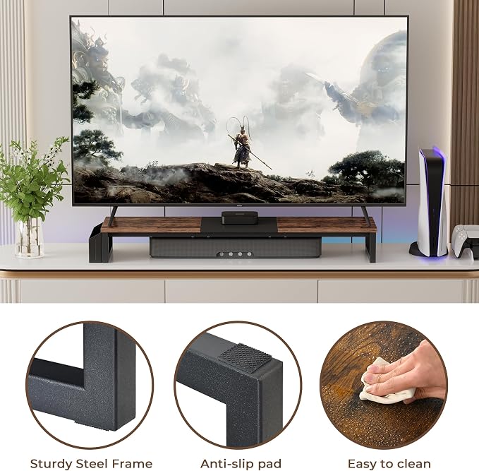 LAND·VOI Dual Monitor Stand Riser,41.5'' Long Monitor Stand for 2 Monitors, Wood Computer Riser with Pocket, Desktop Oraganizer with Pen Holder, Monitor Riser for Desk Computer,Laptop,TV, Rustic Brown - Image 8