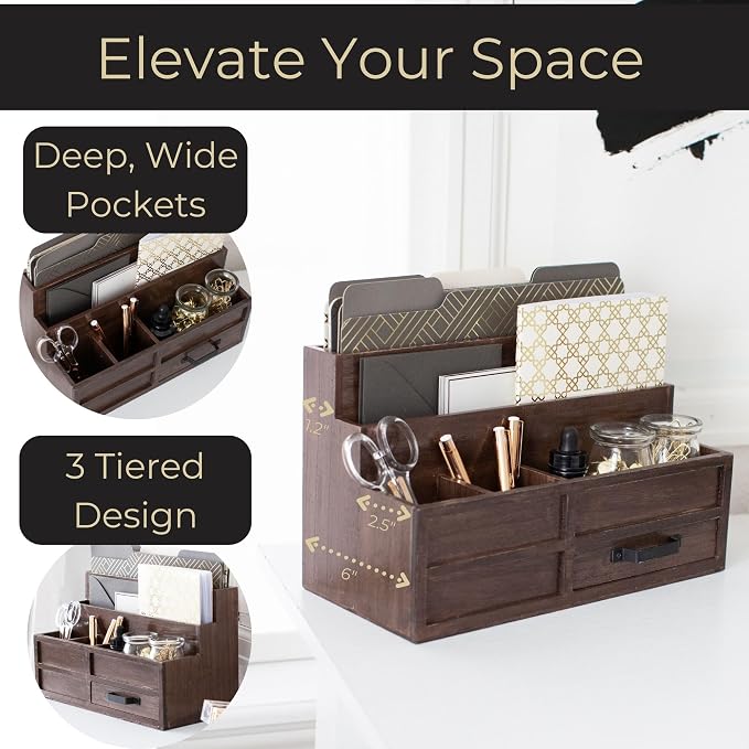 BLU MONACO | Wooden Mail Organizer with Drawer and Pen Holder | Mail Sorter Organizer Countertop for Desk or Kitchen | Outgoing Mail Holder Wood Desktop Storage - Image 3