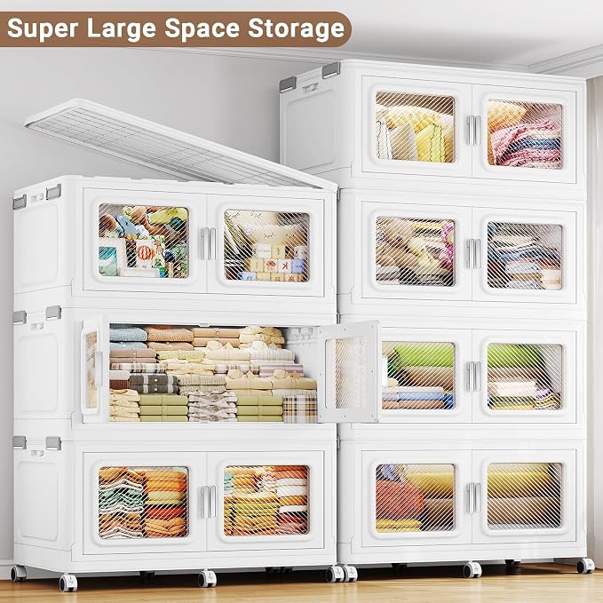 BROVIEW 880 Qt Extra Large Stackable Storage Bin with Lids, 4 Pack White | 220Gal Extra Large, Collapsible Storage Boxes with 4 Lids, Folding& Rolling Plastic Drawer, Heavy-Duty Cabinet Organization - Image 4