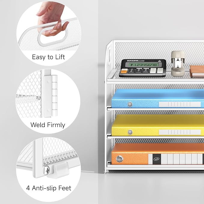 Lavatino Paper Organizer for Desk, 4-Tier Desk Organizer Tray, Mesh Desktop File Organizers with Handle, Office Classroom Organization and Storage-White - Image 3