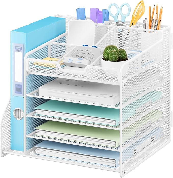 Lavatino Desk Organizer with File Holder, White 5-Tier Adjustable Paper Letter Tray for Office or Home Desk Organizers by Lavatino
