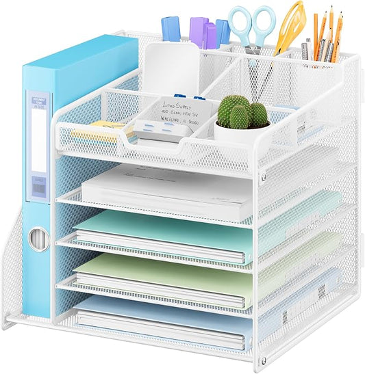 Lavatino Desk Organizer with File Holder, White 5-Tier Adjustable Paper Letter Tray for Office or Home Desk Organizers by Lavatino