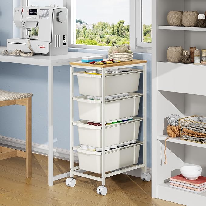 KINGBOARD Slim Rolling Cart with 4 Drawers, Metal Utility Storage Cart | Wooden Tabletop, Lockable Wheels, Table Side Trolley for Bedroom, Children's Room and Office Organization, White - Image 8