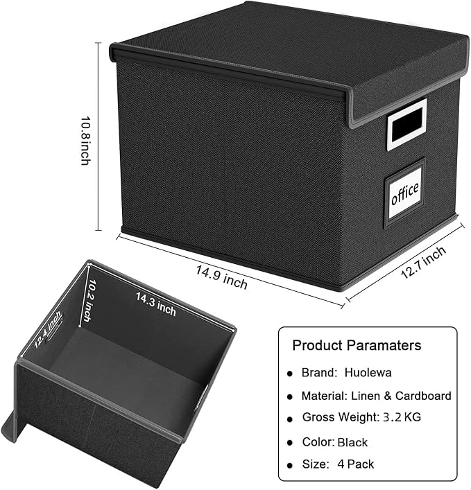 File Organizer Box with Lids, Collapsible File Folder Organizer | File Box with Plastic Slides for Office Document Storage, Filing Bin for Letter Size Hanging File Folders (4 Pack, Black) - Image 5