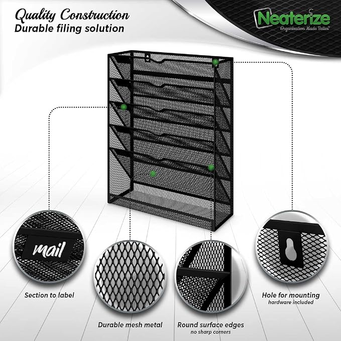 NEATERIZE Mail Organizer for Wall -Heavy-Duty Mesh Hanging File Organizer-Wall Organizer for Papers, Folders, Files Clipboard & Magazine Organization, Great for Home, Office Classroom or Doctor(Black) - Image 5
