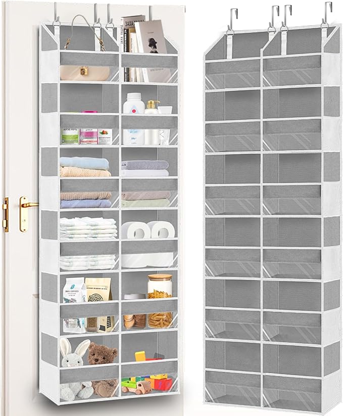 Over The Door Organizer 6 Tiers, Extra Large Behind Door Storage of 12 Compartments, 80 lbs Weight Capacity Hanging Storage Organizer with Clear Window Kids Toys,Shoes,Diapers,Room Storage,Light Grey by Ofiray-home