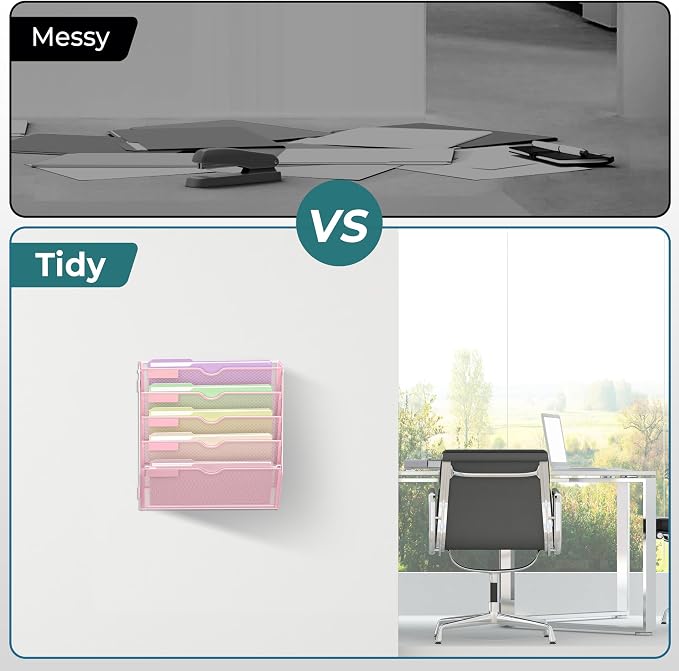 5 Tier Wall File Organizer, Hanging Wall Mounted Mail Organizer with Label Slots, Metal Mesh File Holder Magazine Rack for Office, Home, School, Pink - Image 6