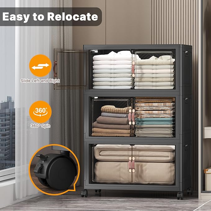 Stackable Storage Bins, 672QT Collapsible Drawers with 2 Lids | Large Capacity, Magnetic Door, Stack Lock, Rolling Wheels, Foldable Design, Organizers and Storage for Bedroom Dorm Garage - Image 5